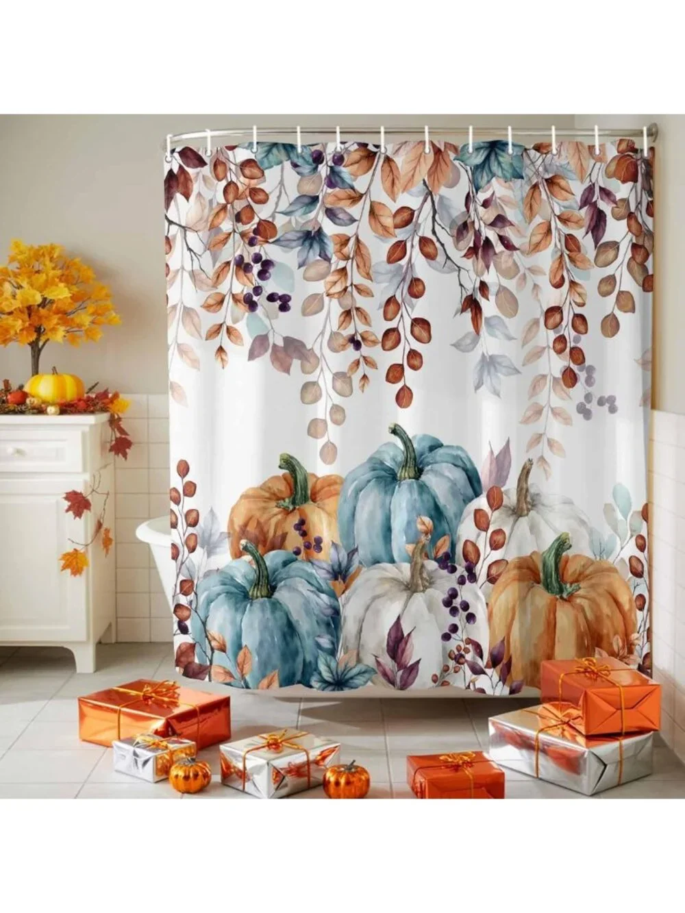 Autumn Pumpkins & Eucalyptus Shower Curtain Set, Waterproof Bathroom Decor 60x72